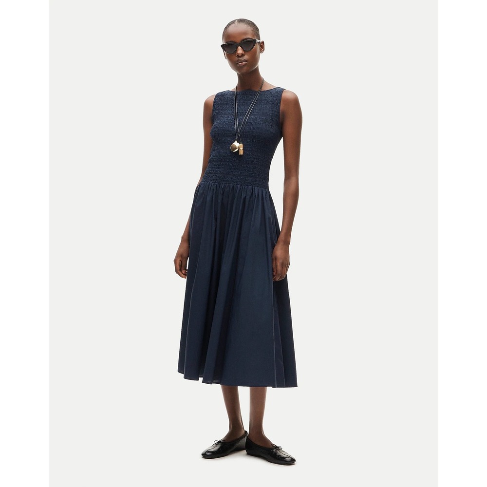 NWT J.Crew Lina Smocked Midi Dress Petite Medium Navy 100% Cotton CS967